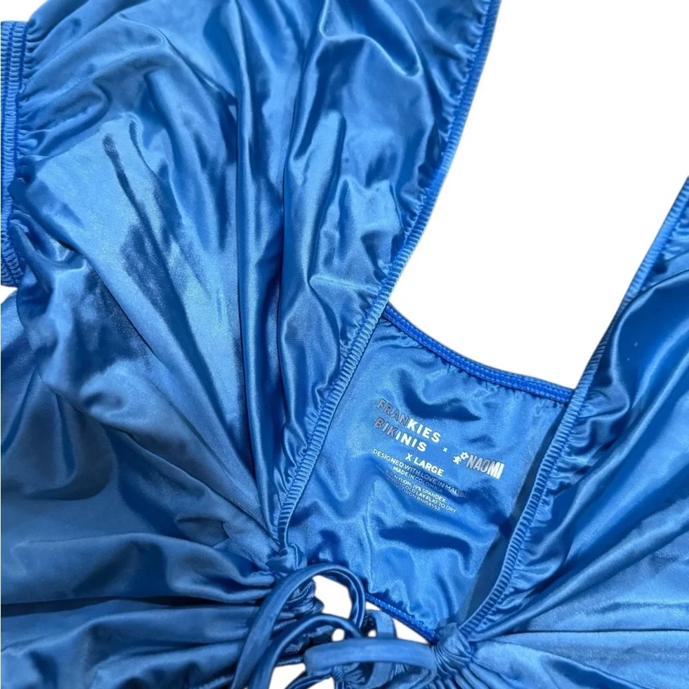 FRANKIE’S BIKINIS x Naomi Osaka Blue Carly Ruffle Tie Front Bikini Swim Top